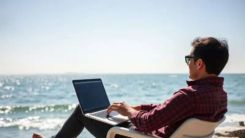 استراتيجية التداول اليومي Day Trading | أفضل 4 استراتيجيات مجربة 3 متداول فوركس يجلس بالقرب من البحر ويتداول استراتيجية التداول اليومي