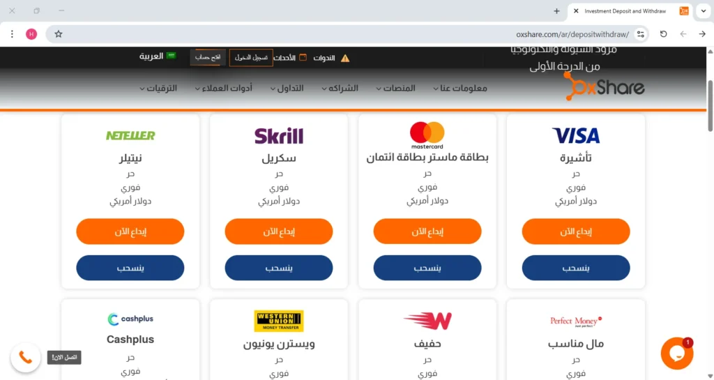 طرق الايداع والسحب في شركة oxshare